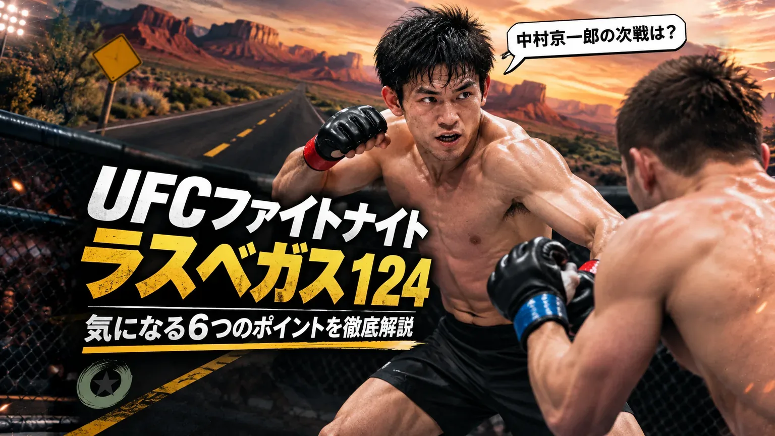 UFCファイトナイト・ラスベガス124のよくある質問をイメージしたポスター風の画像。ケージの中で構える日本人ファイターと相手の背中、「UFCファイトナイト ラスベガス124 気になる6つのポイント」のコピー。右上の吹き出しは「中村京一郎の次戦は？」