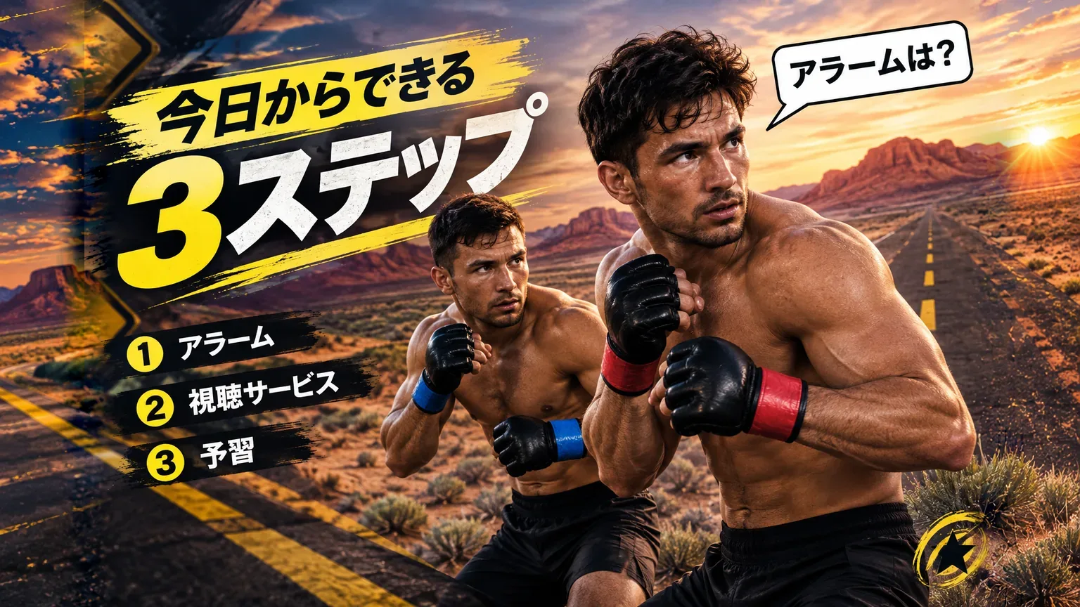 UFCファイトナイト・ラスベガス124の観戦準備をイメージしたポスター風の画像。構える2人のファイターの横に「今日からできる3ステップ」のコピーと「①アラーム ②視聴サービス ③予習」。右上の吹き出しは「アラームは？」