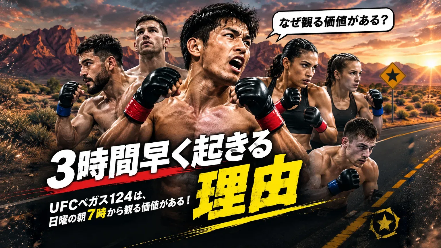 UFCファイトナイト・ラスベガス124の出場選手をイメージしたポスター風の画像。中央の日本人ファイターを囲んで男女6人が構え、「3時間早く起きる理由」のコピーと「UFCベガス124は、日曜の朝7時から観る価値がある！」の一文。右上の吹き出しは「なぜ観る価値がある？」