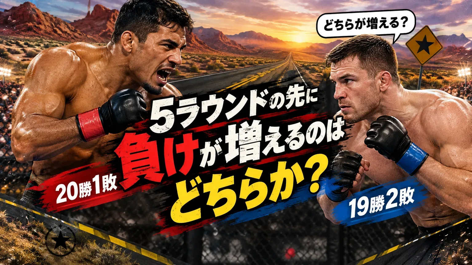UFCファイトナイト・ラスベガス124のメインイベントをイメージしたポスター風の画像。にらみ合う赤コーナーと青コーナーのファイターの間に「5ラウンドの先に負けが増えるのはどちらか？」のコピーと、20勝1敗・19勝2敗の札。右上の吹き出しは「どちらが増える？」